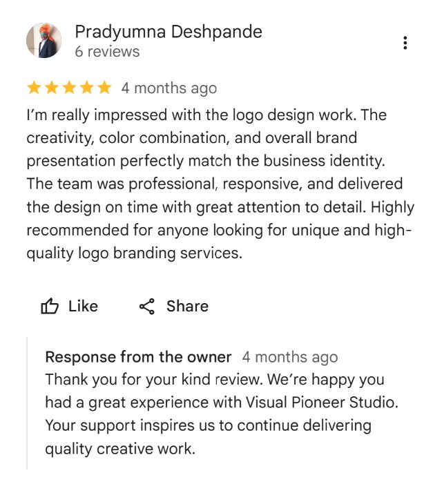 Google review by Pradyumna Deshpande: I’m really impressed with the logo design work. The creativity, color combination, and overall brand presentation perfectly match the business identity. The team was professional, responsive, and delivered the design on time with great attention to detail. Highly recommended for anyone looking for unique and high-quality logo branding services.
