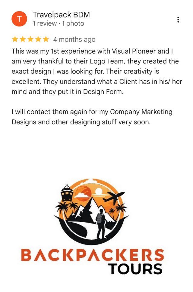 Google review by Travelpack BDM: This was my 1st experience with Visual Pioneer and I am very thankful to their Logo Team, they created the exact design I was looking for. Their creativity is excellent. They understand what a Client has in his/ her mind and they put it in Design Form. I will contact them again for my Company Marketing Designs and other designing stuff very soon.